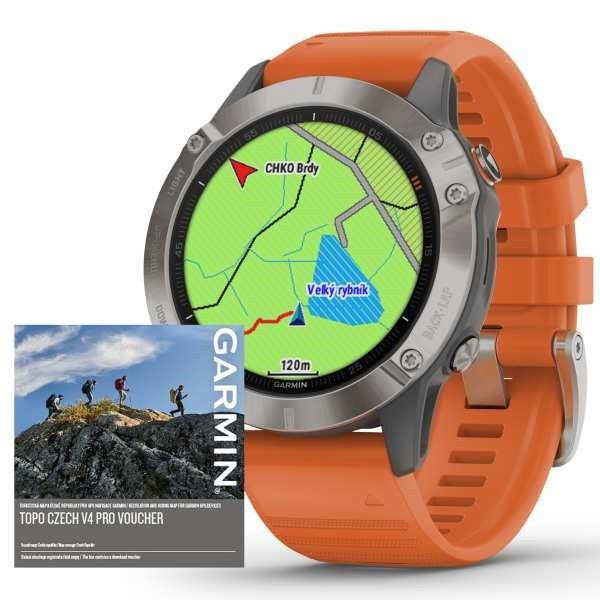 Garmin fenix6 PRO Sapphire, Titanium/Orange Band (MAP/Music) - zrušeno!