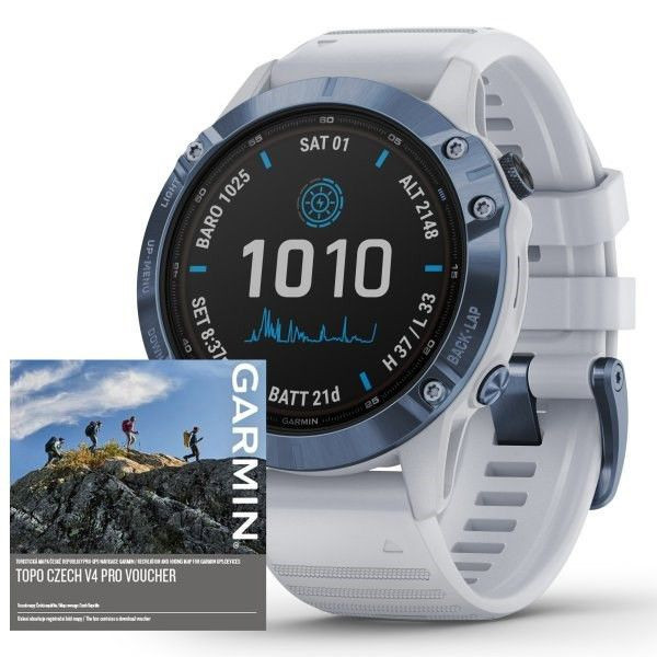 Garmin fenix6 PRO Solar, Titanium Blue/White Band (MAP/Music) - zrušeno!